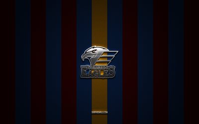 logo colorado eagles, squadra di hockey americana, ahl, sfondo rosso blu carbonio, emblema colorado eagles, hockey, colorado eagles, usa, logo in metallo argentato colorado eagles