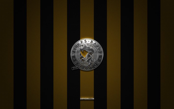 Wilkes-Barre Scranton logo, American hockey team, AHL, yellow black carbon background, Wilkes-Barre Scranton emblem, hockey, Wilkes-Barre Scranton, USA, Wilkes-Barre Scranton silver metal logo