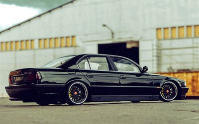 bmw 740i, 4k, lowriders, 1998 voitures, e38, tuning, noir bmw série 7, 1998 bmw série 7, bmw e38, voitures allemandes, bmw