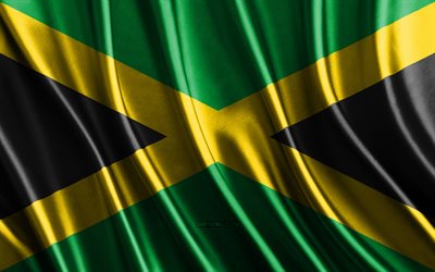 drapeau de la jamaïque, 4k, soie drapeaux 3d, pays d'amérique du nord, jour de la jamaïque, tissu 3d vagues, drapeau jamaïcain, drapeaux ondulés de soie, symboles nationaux jamaïcains, jamaïque, amérique du nord
