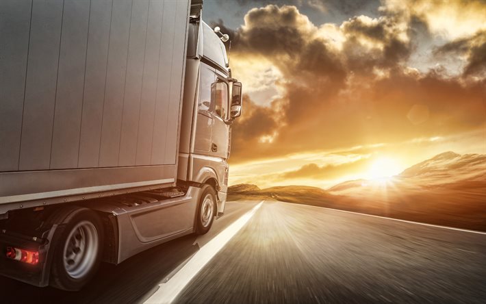 truck on the road, 4k, evening, sunset, LKW, cargo delivery concepts, cargo transportation, delivery, truck background