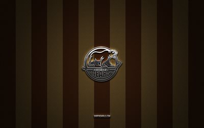 Hershey Bears logo, American hockey team, AHL, brown yellow carbon background, Hershey Bears emblem, hockey, Hershey Bears, USA, Hershey Bears silver metal logo