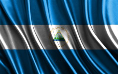 Flag of Nicaragua, 4k, silk 3D flags, Countries of North America, Day of Nicaragua, 3D fabric waves, Nicaraguan flag, silk wavy flags, Nicaragua flag, North American countries, Nicaraguan national symbols, Nicaragua, North America