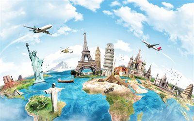 world landmarks, 4k, world tour, continents, world map, eiffel tower, taj mahal, statue of liberty, world travel, pyramids, travel concepts