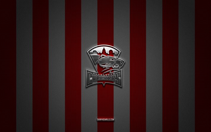 Charlotte Checkers logo, American hockey team, AHL, red white carbon background, Charlotte Checkers emblem, hockey, Charlotte Checkers, USA, Charlotte Checkers silver metal logo