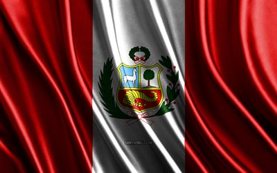 bandiera del perù, 4k, bandiere di seta 3d, paesi del sud america, giornata del perù, onde di tessuto 3d, bandiera peruviana, bandiere ondulate di seta, simboli nazionali peruviani, perù, sud america