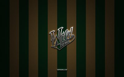 logotipo de iowa wild, equipo de hockey estadounidense, ahl, fondo de carbono amarillo verde, emblema de iowa wild, hockey, iowa wild, ee uu, logotipo de metal plateado de iowa wild