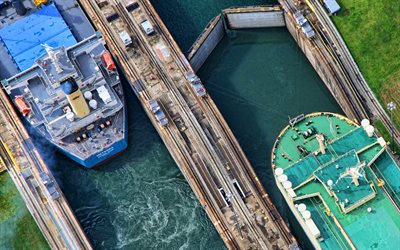 4k, Panama Canal, aerial view, LKW, cargo ships, tankers, cargo transport, transportation concepts, ships, Panama