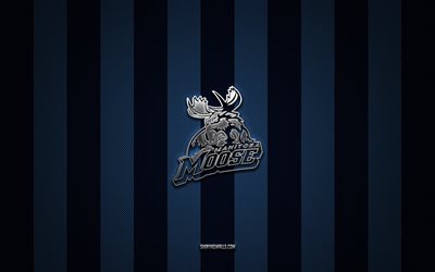 logotipo de manitoba moose, equipo de hockey canadiense, ahl, fondo de carbono azul, emblema de manitoba moose, hockey, manitoba moose, ee uu, logotipo de metal plateado de manitoba moose