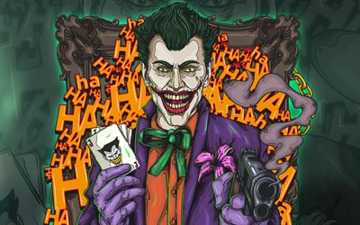 Joker with gun, 4k, abstract art, supervillain, fan art, playing cards, Joker with card, creative, Joker 4K, Cartoon Joker, artwork, Joker