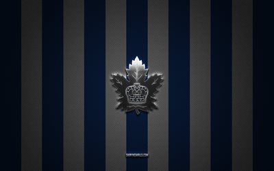 Toronto Marlies logo, Canadian hockey team, AHL, blue white carbon background, Toronto Marlies emblem, hockey, Toronto Marlies, USA, Toronto Marlies silver metal logo