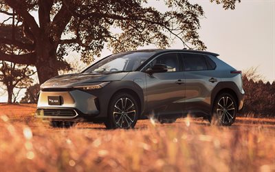 4k, toyota bz4x, crossovers, 2023 coches, offroad, coches eléctricos, puesta de sol, crossovers eléctricos, gris toyota bz4x, 2023 toyota bz4x, los coches japoneses, toyota
