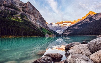 Lake Louise, glacial lake, Hamlet, Banff National Park, mountain landscape, evening, emerald lake, sunset, Bow River, Banff, Alberta, Canada