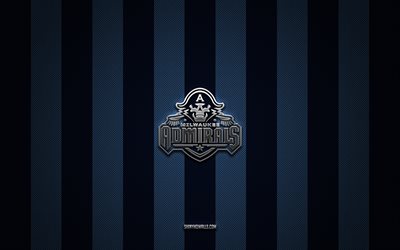 logo der milwaukee admirals, amerikanisches hockeyteam, ahl, blauer karbonhintergrund, emblem der milwaukee admirals, hockey, milwaukee admirals, usa, logo der milwaukee admirals aus silbermetall
