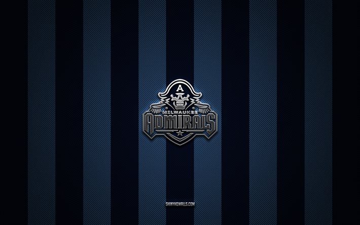 logo der milwaukee admirals, amerikanisches hockeyteam, ahl, blauer karbonhintergrund, emblem der milwaukee admirals, hockey, milwaukee admirals, usa, logo der milwaukee admirals aus silbermetall