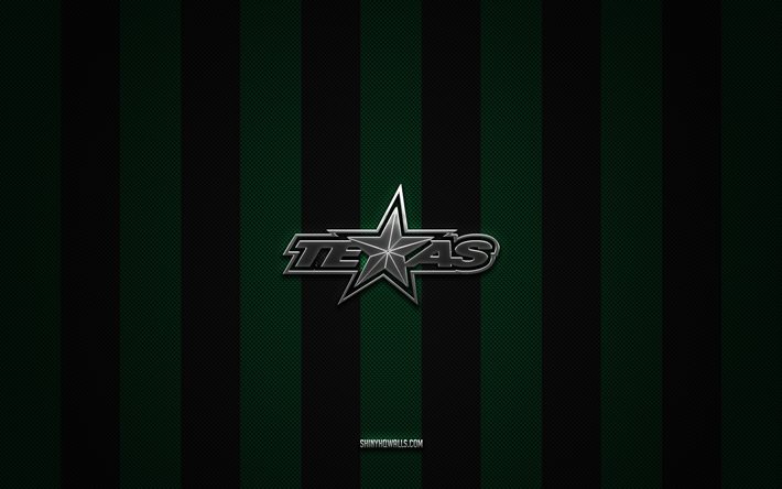 Texas Stars logo, American hockey team, AHL, green black carbon background, Texas Stars emblem, hockey, Texas Stars, USA, Texas Stars silver metal logo