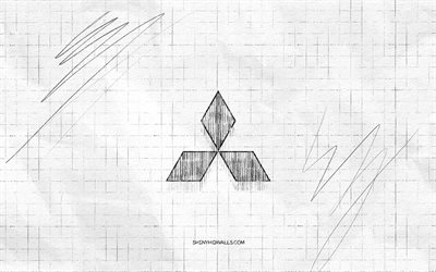 Mitsubishi sketch logo, 4K, checkered paper background, Mitsubishi black logo, cars brands, logo sketches, Mitsubishi logo, pencil drawing, Mitsubishi