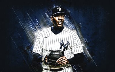 Aroldis Chapman, New York Yankees, portrait, American baseball player, blue stone background, Major League Baseball, Albertin Aroldis Chapman de la Cruz, USA, baseball