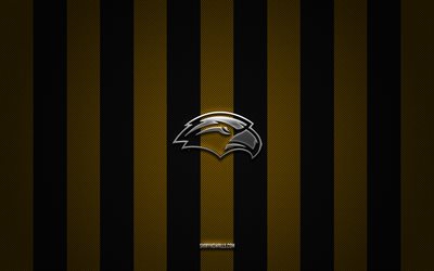 Southern Miss Golden Eagles logo, American football team, NCAA, black yellow carbon background, Southern Miss Golden Eagles emblem, American football, Southern Miss Golden Eagles, USA, Southern Miss Golden Eagles silver metal logo