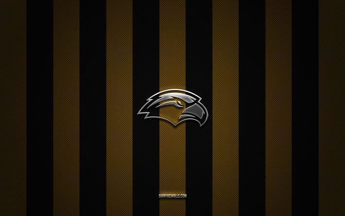 Southern Miss Golden Eagles logo, American football team, NCAA, black yellow carbon background, Southern Miss Golden Eagles emblem, American football, Southern Miss Golden Eagles, USA, Southern Miss Golden Eagles silver metal logo