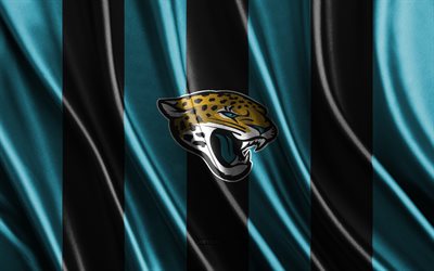 4k, jacksonville jaguars, nfl, struttura di seta nera blu, bandiera jacksonville jaguars, squadra di football americano, football americano, bandiera di seta, emblema jacksonville jaguars, usa, distintivo jacksonville jaguars