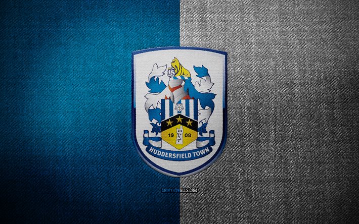 Huddersfield Town badge, 4k, blue white fabric background, EFL Championship, Huddersfield Town logo, Huddersfield Town emblem, sports logo, english football club, Huddersfield Town, soccer, football, Huddersfield Town FC