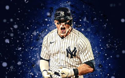 Harrison Bader, 4k, blue neon lights, New York Yankees, MLB, center fielder, Tots, Harrison Bader 4K, baseball, blue abstract background, Harrison Bader New York Yankees, NY Yankees