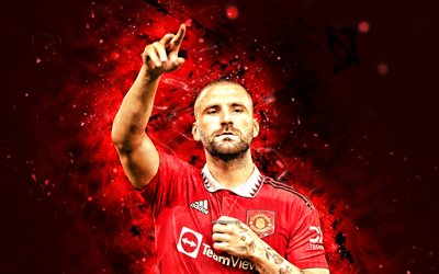 Luke Shaw, 4k, red abstract background, Manchester United FC, red neon lights, Premier League, english footballers, Luke Shaw 4K, soccer, football, Luke Shaw Manchester United, Man United