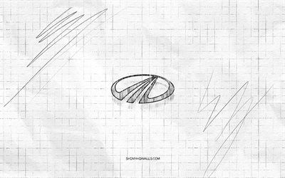 マヒンドラ スケッチ ロゴ, 4k, 市松模様の紙の背景, マヒンドラの黒いロゴ, 車のブランド, ロゴスケッチ, マヒンドラのロゴ, 鉛筆画, マヒンドラ