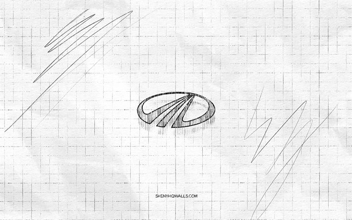 Mahindra sketch logo, 4K, checkered paper background, Mahindra black logo, cars brands, logo sketches, Mahindra logo, pencil drawing, Mahindra