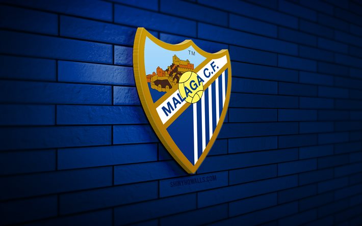 logo malaga cf 3d, 4k, mur de briques bleu, laliga2, football, club de football espagnol, logo malaga cf, emblème malaga cf, la liga 2, malaga cf, logo sportif, malaga fc
