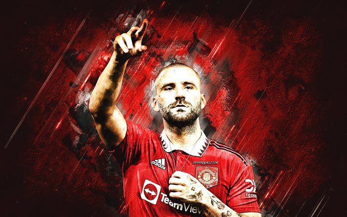 Luke Shaw, Manchester United FC, portrait, red stone background, Premier League, England, football, grunge art