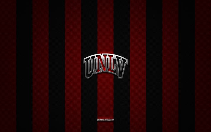 UNLV Rebels logo, American football team, NCAA, red black carbon background, UNLV Rebels emblem, American football, UNLV Rebels, USA, UNLV Rebels silver metal logo
