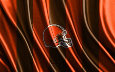 4k, Cleveland Browns, NFL, brown orange silk texture, Cleveland Browns flag, American football team, American football, silk flag, Cleveland Browns emblem, USA, Cleveland Browns badge
