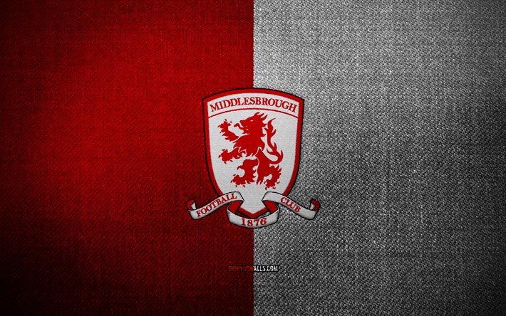 Middlesbrough FC badge, 4k, red white fabric background, EFL Championship, Middlesbrough FC logo, Middlesbrough FC emblem, sports logo, english football club, Middlesbrough, soccer, football, Middlesbrough FC