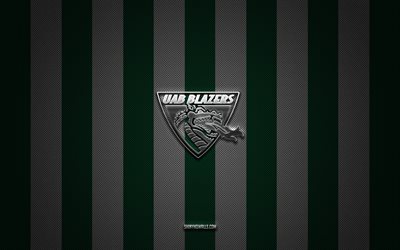 UAB Blazers logo, American football team, NCAA, green white carbon background, UAB Blazers emblem, American football, UAB Blazers, USA, UAB Blazers silver metal logo