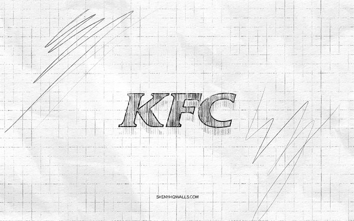 kfc 스케치 로고, 4k, 체크 무늬 종이 배경, kfc 블랙 로고, 브랜드, 로고 스케치, kfc 로고, 연필 드로잉, kfc