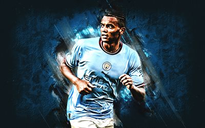 Akanji Manuel, Manchester City FC, Swiss footballer, portrait, blue stone background, football, Premier League, England