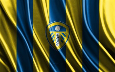 4k, Leeds United FC, Premier League, blue yellow silk texture, Leeds United FC flag, English football team, football, silk flag, Leeds United FC emblem, England, Leeds United FC badge
