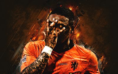Steven Bergwijn, Netherlands national football team, Dutch footballer, portrait, orange stone background, Netherlands, football