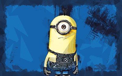 Kevin, 4k, grunge art, Minions, blue grunge background, Kevin the Minion, Minions The Rise of Gru, creative, Despicable Me, Kevin Minions