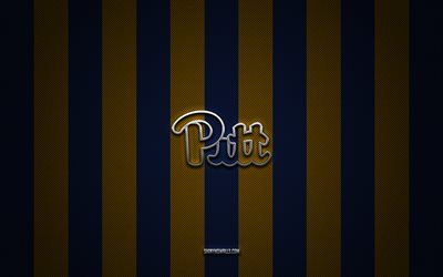 Pittsburgh Panthers logo, American football team, NCAA, blue yellow carbon background, Pittsburgh Panthers emblem, American football, Pittsburgh Panthers, USA, Pittsburgh Panthers silver metal logo