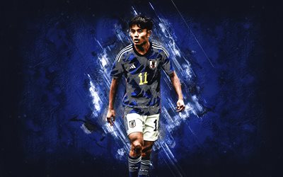 Takefusa Kubo, Japan national football team, portrait, Japanese football player, attacking midfielder, blue stone background, Japan, football