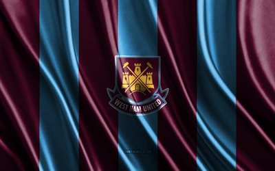 4k, West Ham United FC, Premier League, blue purple silk texture, West Ham United FC flag, English football team, football, silk flag, West Ham United FC emblem, England, West Ham United FC badge