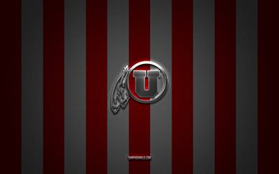 Utah Utes logo, American football team, NCAA, red white carbon background, Utah Utes emblem, American football, Utah Utes, USA, Utah Utes silver metal logo