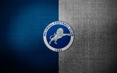 ミルウォール fc バッジ, 4k, 青白い布の背景, eflチャンピオンシップ, ミルウォールfcのロゴ, ミルウォール fc のエンブレム, スポーツのロゴ, イングリッシュフットボールクラブ, ミルウォール, サッカー, フットボール, ミルウォールfc