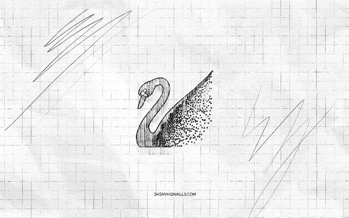 logo de croquis swarovski, 4k, fond de papier à carreaux, logo noir swarovski, marques, croquis de logo, logo swarovski, dessin au crayon, swarovski