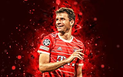 Thomas Muller, 4k, 2022, Bayern Munich FC, red neon lights, Bundesliga, german footballers, soccer, Thomas Muller 4k, red abstract background, Thomas Muller Bayern Munich