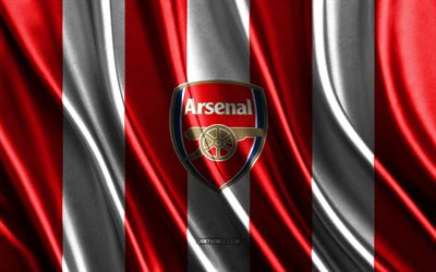 4k, Arsenal FC, Premier League, red white silk texture, Arsenal FC flag, English football team, football, silk flag, Arsenal FC emblem, England, Arsenal FC badge