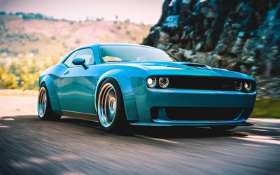 Dodge Challenger, 4k, supercars, 2022 cars, muscle cars, tuning, Blue Dodge Challenger, 2022 Dodge Challenger, american cars, Dodge